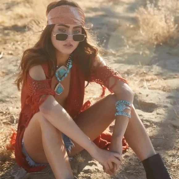 SOLD OUT Rust Crochet Boho Long Duster Knit Sweater Wrap - Picture 2 of 3